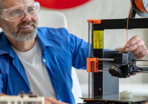 Mature technician printing in 3d printer, using three dimensional printing machine for work.